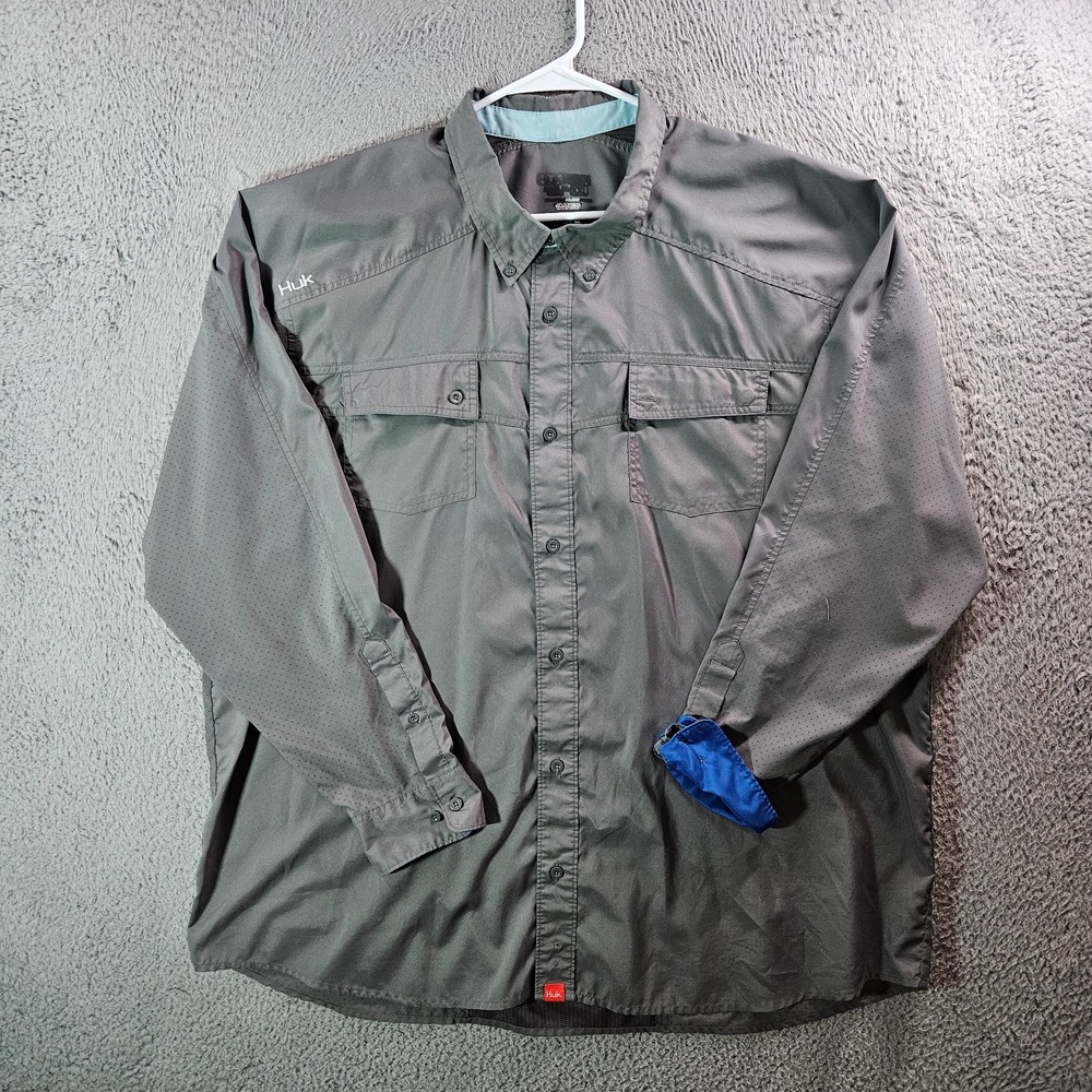 Huk‎ Outdoor Shirt Men 3XL Button Up Long Sleeve Flip Cuff Greenish Gray